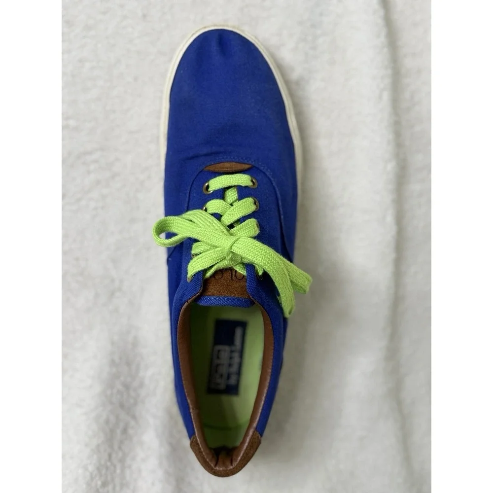 Polo Ralph Lauren Men's Boat Shoes Vaughn Blue Lime Green Logo Laces Canvas 11D